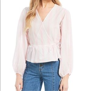White and pink striped balloon sleeve cotton wrap blouse